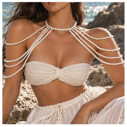 Multi-layer Pearl Tassel Shoulder Chain Necklace for Women Layered Beaded Shoulder Body Jewelry Rave Pearl Arm Chain - color: White