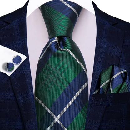 Hi-Tie Men 63inches Tie Set Extra Long Necktie Paisley Tie Pocket Suqare Cufflinks Big and Tall Men Tie - color: Blue Green Plaid