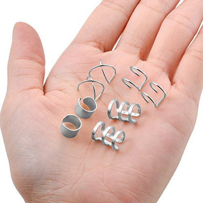 4-10 Pairs Stainless Steel Ear Cuff Helix Cartilage Clip On Wrap Earrings Fake Nose Ring Non-Piercing Adjustable - color: A4: 4 Pairs, Silver Tone