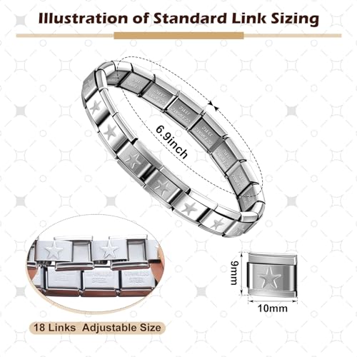 Huquary 6 Pcs Italian Charm Bracelets Shiny 9mm Starter 18 Links Stainless Steel Italian Bracelet Modular Links - color: silver