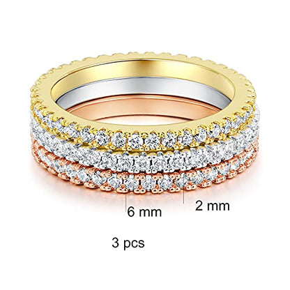 MDFUN 14K Gold Plated Full Eternity Band Ring for Women Round Cut Cubic Zirconia Stackable Wedding Band Anniversary Promise Ring - color: 3 PCS, size: 5.5