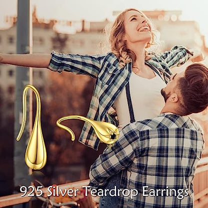 Pull Through Teardrop Dangle Earrings 925 Sterling Silver Simple Water Drop Earrings Birthday Mother's Day Christmas Gifts for Women - style: gold teardrop earrings