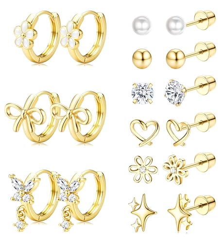 ORAZIO Hypoallergenic Earrings for Girls Women Kids Surgical Stainless Steel Screw Back Bow Heart Flower Stud Hoop Toddler Kids Earrings for Girls Sensitive Ears Over 4 Years Old - color: 9Pairs-gold girls earrings
