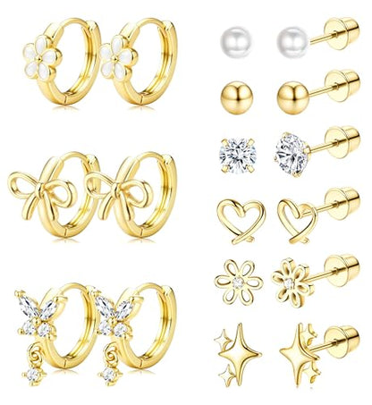 ORAZIO Hypoallergenic Earrings for Girls Women Kids Surgical Stainless Steel Screw Back Bow Heart Flower Stud Hoop Toddler Kids Earrings for Girls Sensitive Ears Over 4 Years Old - color: 9Pairs-gold girls earrings