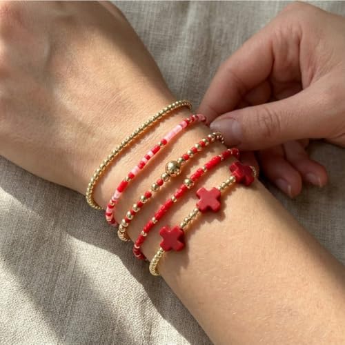 Gold Bracelets for Women, Beaded Cross Stack, Non Tarnish Set，Set-1 | Gold Beaded Bracelet Stack with Stretch Fit, Waterproof Finish and Dainty Design for Everyday Wear and Gifts - color: Colors-11