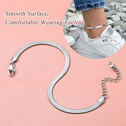 FindChic Elegant Herringbone Snake Chain Anklets/Bracelets 3MM/5MM Width Stainless Steel/18K Gold/Rose Gold Plated/Black 4 Color Options, 8.3'' 8.5'' 10.5'' Length, with Gift Box - color: A: 5mm 8.5'' anklet (Stainless Steel)