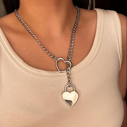 Heart O Ring Slip Chain Choker Necklace for Women Men Stainless Steel Cuban Chain Y-shape Necklaces Punk Rock Collar Adjustable Lariat Y Necklace Prom Necklaces Jewelry - color: Silver lock