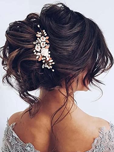 GORAIS Flower Wedding Hair Vine Pearl Bridal Hair Pieces Crystal Hair Accessories for Bride and Women - color: c-rose gold