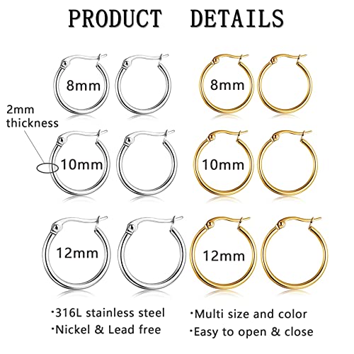 5-10 Pairs Small Gold Silver Hoop Earrings for Women, Stainless Steel Earrings Set Mens Lightweight Thin Hypoallergenic Small Hoops Set - style: 6pcs-G+S 8+10+12mm