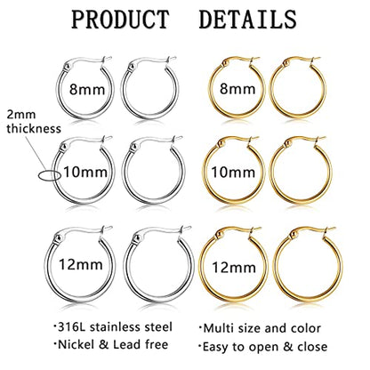 5-10 Pairs Small Gold Silver Hoop Earrings for Women, Stainless Steel Earrings Set Mens Lightweight Thin Hypoallergenic Small Hoops Set - style: 6pcs-G+S 8+10+12mm