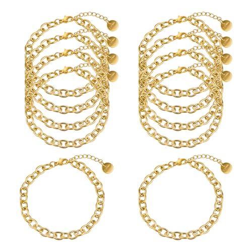 KYUNHOO 10 PCS 6.7 Inches Charm Bracelet Chains for Jewelry Making Extender | Gold Plated Stainless Steel Chain Link Bracelets Making Set with Lobster Clasps Adjustable Extender - color: Gold