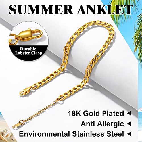 Richsteel Anklets for Women Cuban/Figaro/Spiga Wheat Chain Stainless Steel/18K Gold Plated Ankle Bracelet Beach Waterproof Foot Jewelry - color: 02-Gold Plated Cuban