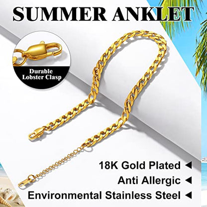 Richsteel Anklets for Women Cuban/Figaro/Spiga Wheat Chain Stainless Steel/18K Gold Plated Ankle Bracelet Beach Waterproof Foot Jewelry - color: 02-Gold Plated Cuban