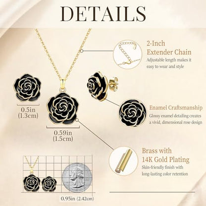 Enamel Rose Necklace and Earrings Jewelry Set for Women | 14K Gold Plated,Rose Represent: Love Gratitude Prid,Adjustable Chain Fit,Elegant Sets for Daily and Party Wear,Gift Box - color: Black