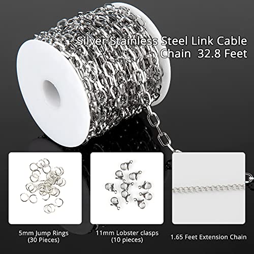 32.8 Feet Silver Stainless Steel Link Cable Chain Paperclip Necklace Chains Bulk with Jump Rings Lobster Clasps Extender Chain for DIY Jewelry Making - color: Steel Square