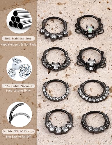 8PCS 16G Septum Clicker Ring Stainless Steel CZ Opal Cartilage Helix Tragus Hoop Daith Earrings Nose Rings Hoop Hinged Segment Clicker Ring Piercing Jewelry - color: black tone 10mm