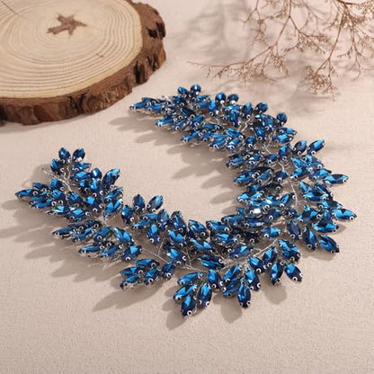 Missgrace Women Silver Green Black Red Blue Handmade Full Crystal Rhinestone Large Headband Hair Vine Shinny Headpiece Bridal Wedding Hair Accessories for Women (Lake blue) - color: Lake blue