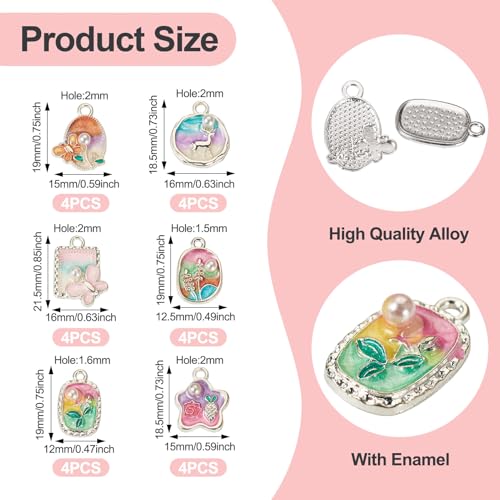24Pcs Alloy Enamel Butterfly Flower Charms Silver Plated 3D French Style Oil Painting Pendants Vinatge Floral Pearl Bead Charms for Bracelet Necklace Earring - color: Silver Plated, 6 Styles