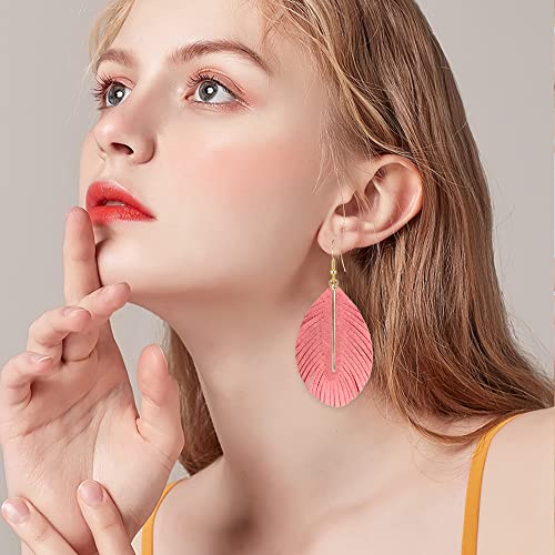 YUNXI Large Genuine Soft Leather Handmade Fringe Feather Lightweight Leaf with Simple Drop Metal Bar Tear Drop Dangle Color Earrings for Women - color: Watermelon Red