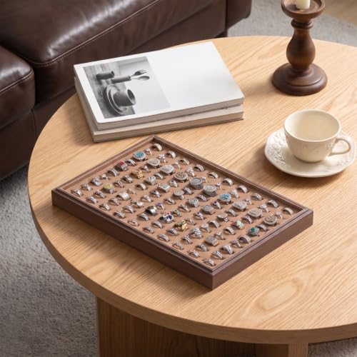 Wood Jewelry Organizer Tray, Rings Holder (Brown, 2Pc, Glass Lid) | Glass Top Rings Display, Dust-Proof Rings Organizer, Rings Tray Display, Elegant Jewelry Storage - size: Rings+Lid