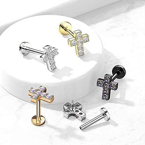Covet Jewelry 6 CZ Cross Top with Internally Threaded Surgical Steel Flat Back Studs with Extended Threading for Labret, Monroe, Cartilage and More - style: 16GA, L: 1/4" (6mm), Steel/Clear