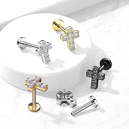 Covet Jewelry 6 CZ Cross Top with Internally Threaded Surgical Steel Flat Back Studs with Extended Threading for Labret, Monroe, Cartilage and More - style: 16GA, L: 1/4" (6mm), Rose Gold/Aurora Borealis