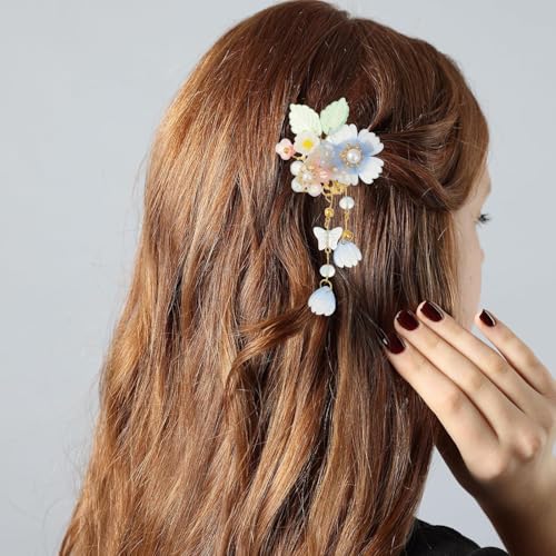 A Pair Wedding Hair Clips, Handmade Floral Design Crystal Hair Clips Pearl Barrettes, Rhinestones Flower Clips Pearl Headpieces Hair Pins Hair Accessories for Women Girls (Light Blue) - color: Light Blue