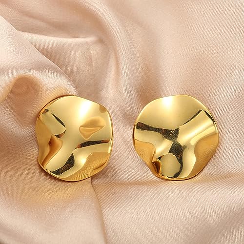 Geometric Rectangle Gold Plated Stud Earrings Irregular Hammered Chunky Statement Square Earrings for Women Trendy - color: Gold Round