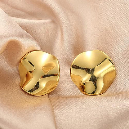 Geometric Rectangle Gold Plated Stud Earrings Irregular Hammered Chunky Statement Square Earrings for Women Trendy - color: Gold Round