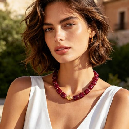 Chunky Beaded Necklace for Women,Square Resin beads boho Choker Necklace with gold-tone spacers,Fashion Trendy Summer Beach Party Necklaces Handmade Surfer Beach Necklaces Jewelry Gifts - color: Burgundy