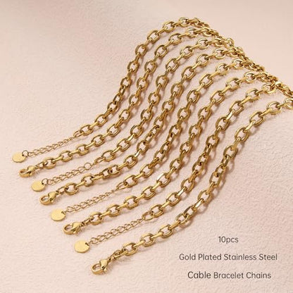 UMAOKANG Gold Plated Stainless Steel Bracelet Chains for Jewelry Making | 10PCS Thick Cable Hand Chains Bracelets Set PVD Gold Plating Permanent Jewelry Chain - color: 10pcs Cable Gold