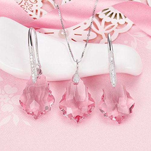 EleQueen 925 Sterling Silver CZ Baroque Drop Pendant Necklace Dangle Earrings Set Made with Austrian Crystal, Valentine's Day/Mother's Day/Christmas Jewelry Gift - color: Pink