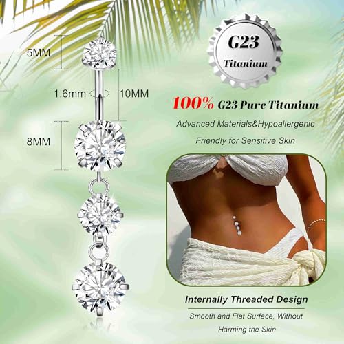 G23 Titanium Dangle Belly Button Rings for Women Dangling Navel Rings CZ Belly Rings Curved Barbell Internally Threaded Belly Piercing Jewelry - color: White