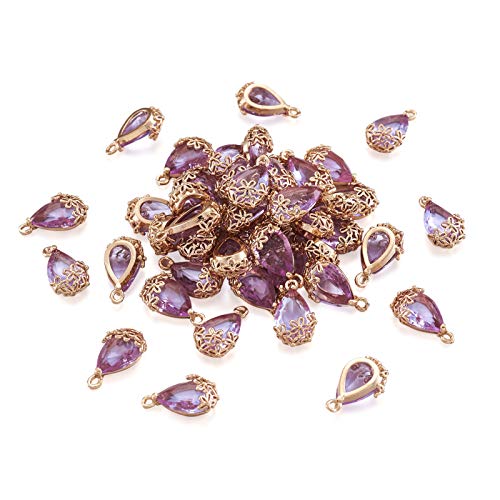 FASHEWELRY 50Pcs Faceted Transparent Glass Teardrop Pendants Crystal Glass Dangle Oval Drop Bead Charms with Golden Flower Open Back Settings for Jewelry Craft Making (Medium Purple) - color: Purple