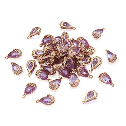 FASHEWELRY 50Pcs Faceted Transparent Glass Teardrop Pendants Crystal Glass Dangle Oval Drop Bead Charms with Golden Flower Open Back Settings for Jewelry Craft Making (Medium Purple) - color: Purple