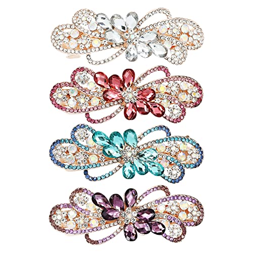 inSowni 4 Pack Luxury Glitter Sparkly Jeweled Gems Crystal Rhinestone Flower Metal French Barrettes Snap Alligator Hair Clips Headpieces Accessories for Women Girls - color: 4pcs Set E