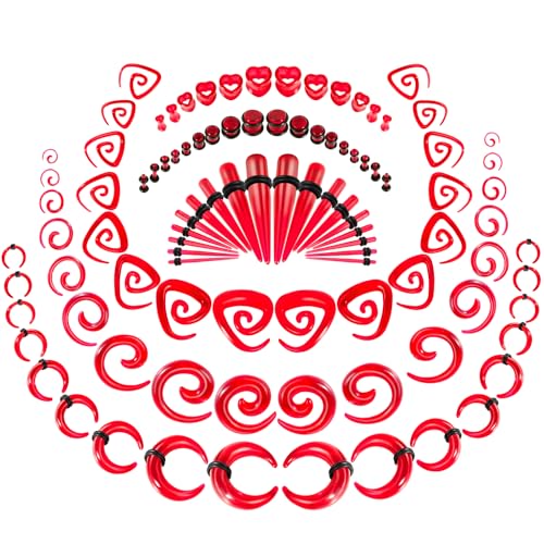 54/102Pcs Ear Stretching Kit 14G-00G Acrylic Ear Gauge Stretching Kit with Heart Plugs Gauge Tapers Ear Tunnels Horseshoes Taper Spiral Tapers Gauges Ear Expanders for Men Women - color: Red