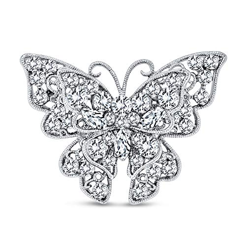 Bling Jewelry Large Statement Crystal Accent Yellow Orange Golden Aqua Blue Black Clear Garden Dragonfly Firefly Fluttering Filigree Butterfly Brooch Scarf Pin For Women And Teens Silver Gold Plated - color: Clear