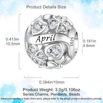 HappyStar 925 Sterling Silver Four Leaf Clover Bead Charm with Cubic Zirconia Birthstone Charms for Bracelets Dangle Pendant Compatible Pandora Bracelets Lucky Charm Birthday Gift - color: 4-April Birthstone Bead