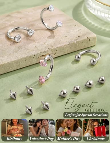 316L Stainless Steel Horseshoe Nose Rings for Women 16/18/20G Septum Rings | Septum Nose Piercing with Replacement Tops and Piercing Tool for Helix Tragus Cartilage Lip Jewelry 14K Gold Plated/Silver - color: Steel 3-18G