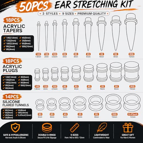 JieyueJewelry 50/54 Pcs Ear Stretching Kit 14G-00G | Acrylic Tapers & Plugs with Silicone Tunnels, Ear Gauges Expander Set Body Piercing Jewelry for Women and Men - color: Black