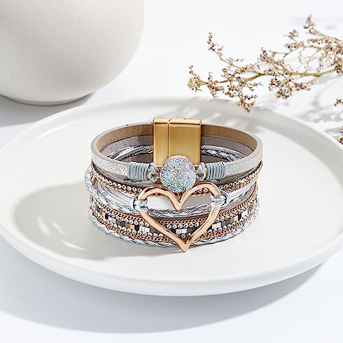 Womens Love Heart Leather Wrap Bracelet Multi-layer Stacked Bangle | Magnetic Clasp Soft PU Leather Resin Stone Rhinestone Boho Style Birthday Valentine Christmas Bohemian Jewelry Gift - color: White-gold