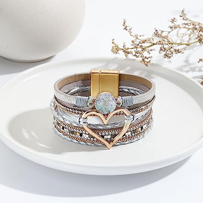Womens Love Heart Leather Wrap Bracelet Multi-layer Stacked Bangle | Magnetic Clasp Soft PU Leather Resin Stone Rhinestone Boho Style Birthday Valentine Christmas Bohemian Jewelry Gift - color: White-gold