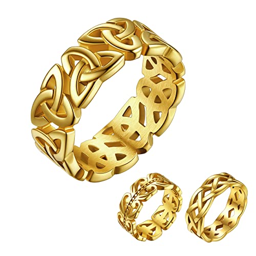 Bestyle Celtic Knot Band Rings for Men Women, Stainless Steel Irish Finger Ring Viking Wedding Bands Jewelry Gift Wedding Promise Gold Silver Black - color: 03.Gold