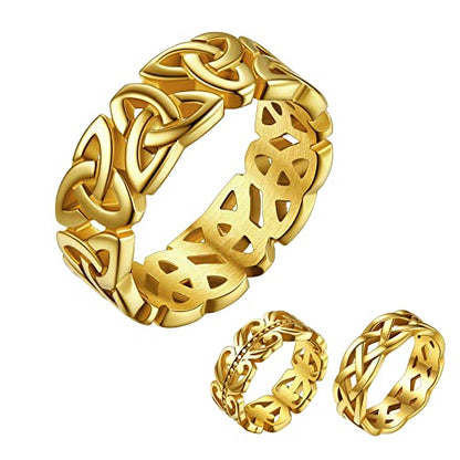 Bestyle Celtic Knot Band Rings for Men Women, Stainless Steel Irish Finger Ring Viking Wedding Bands Jewelry Gift Wedding Promise Gold Silver Black - color: 03.Gold