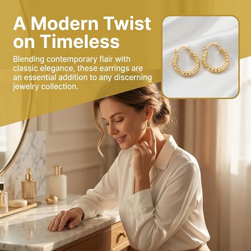 14K Gold Hoop Earrings for Women 14K Gold Earrings Classic Shiny Polished Round Big Hoop Earring for Women Hypoallergenic Womens Earring Hoops - size: 25mm