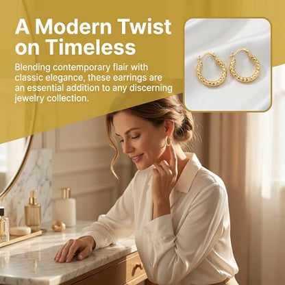 14K Gold Hoop Earrings for Women 14K Gold Earrings Classic Shiny Polished Round Big Hoop Earring for Women Hypoallergenic Womens Earring Hoops - size: 25mm