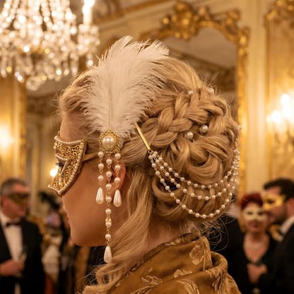 2Pcs Victorian Hair Accessories for Women, 18th Century Renaissance Queen Ostrich Feather and Pearl Tassel Barrette Clips, Marie Antoinette Blonde Beehive Costume Jewelry