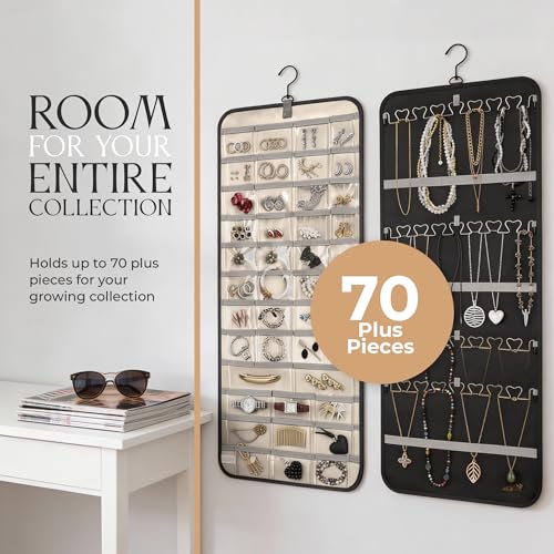 Hanging Jewelry Organizer Storage with Hanger Metal Hooks Double-Sided Jewelry Holder- Wall Mount Holder for Earrings, Necklaces, Rings on Closet, Wall, Door, 1 piece, Large, Charcoal Black - style: Modern - Charcoal Black