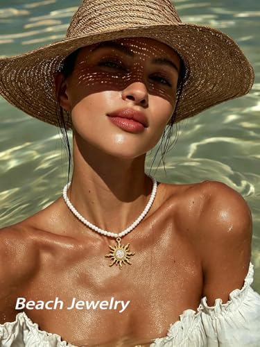 Tgirls Boho Beaded Choker Necklace Opal Bead Necklace Sun Pendant Summer Jewelry for Women - color: White